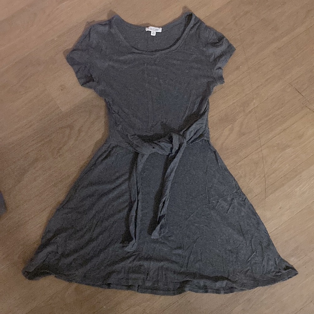 small grey dress with ties at the waist
